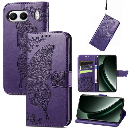 Dark purple embossed leather phone case with butterfly and flower pattern, wallet flip style