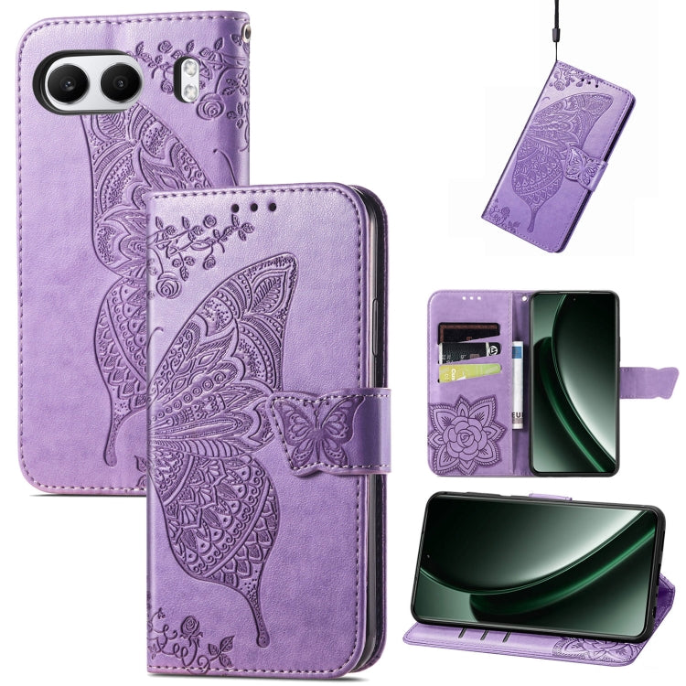Light purple embossed leather phone case with butterfly and flower pattern, wallet flip style