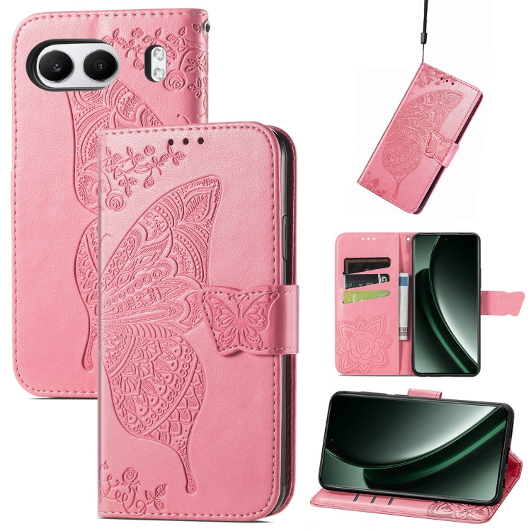 Hot pink embossed leather phone case with butterfly and flower pattern, wallet flip style