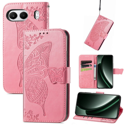 Hot pink embossed leather phone case with butterfly and flower pattern, wallet flip style