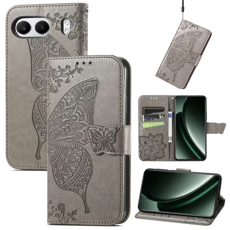 Dark gray embossed leather phone case with butterfly and flower pattern, wallet flip style