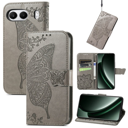 Dark gray embossed leather phone case with butterfly and flower pattern, wallet flip style