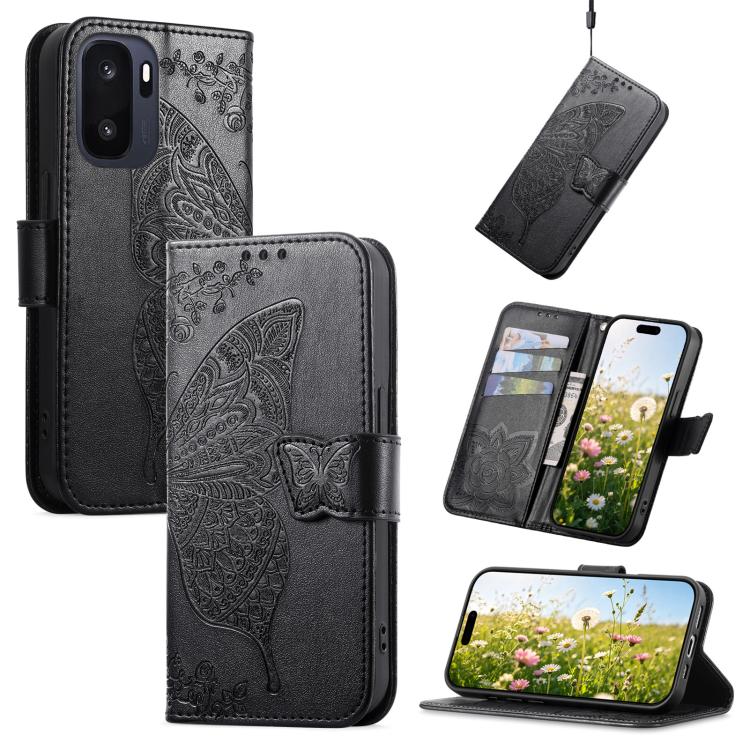 Black butterfly-embossed leather phone case with flip cover and magnetic strap.