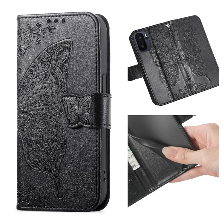 Dark phone case in embossed butterfly pattern, flip cover with magnetic closure.