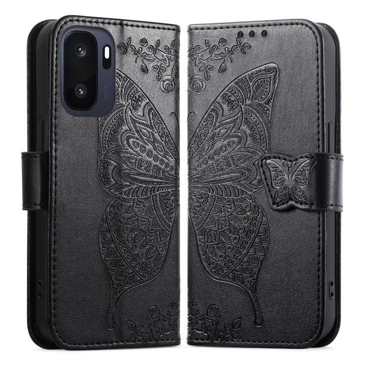 Black butterfly embossed leather phone case, front and back views with strap.