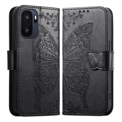 Black butterfly embossed leather phone case, front and back views with strap.