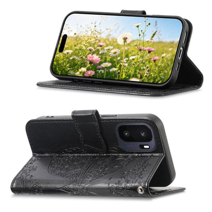 Black butterfly-embossed leather phone case with kickstand and flip cover.