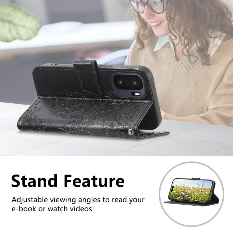 Black butterfly-embossed leather phone case with flip cover and viewing stand.