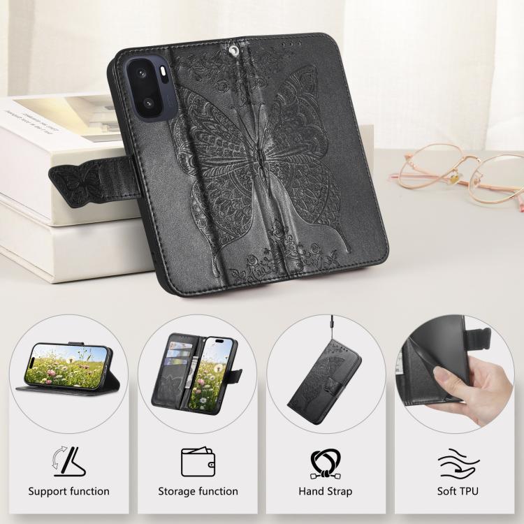 Black butterfly-embossed leather phone case with hand strap and soft TPU lining.