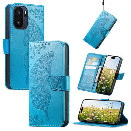 Blue butterfly-embossed leather phone case with flip cover and magnetic strap.