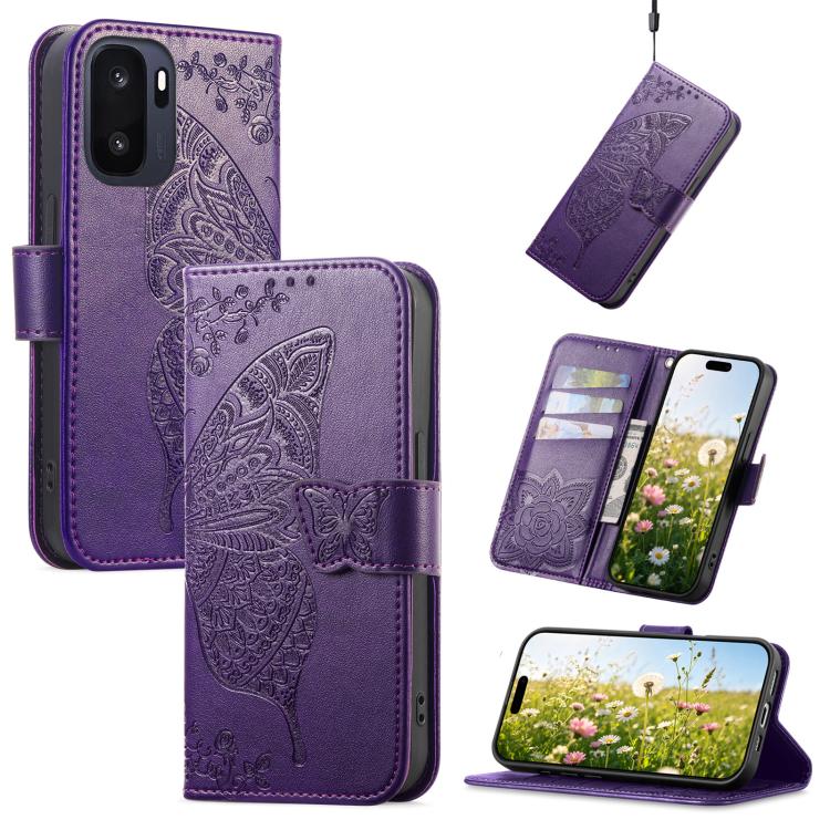 Purple butterfly-embossed leather phone case with flip cover and magnetic strap.
