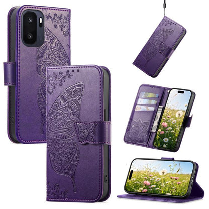 Purple butterfly-embossed leather phone case with flip cover and magnetic strap.