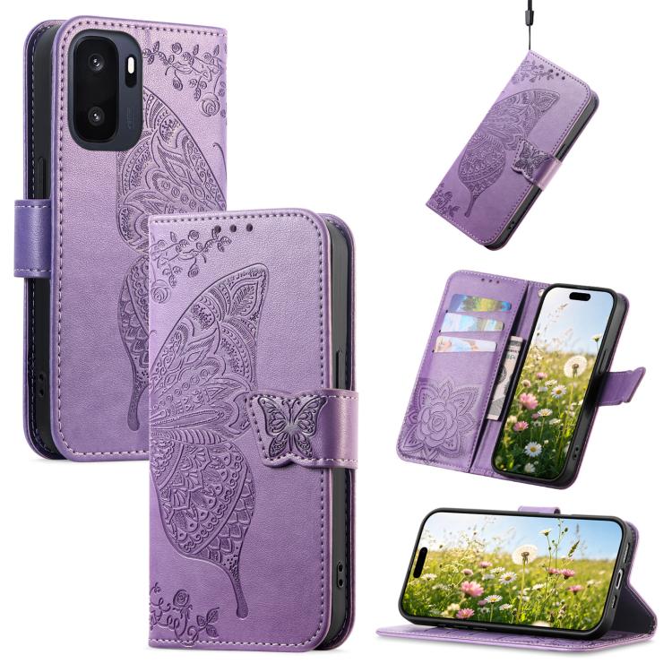 Light purple butterfly-embossed leather phone case with flip cover and magnetic strap.