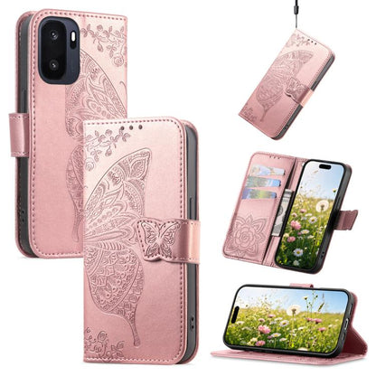 Rose pink butterfly-embossed leather phone case with flip cover and magnetic strap.