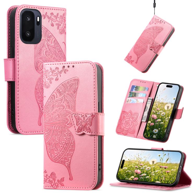 Pink embossed leather phone case with butterfly and flower pattern, wallet flip style