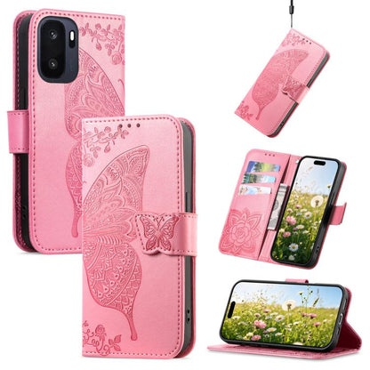 Pink embossed leather phone case with butterfly and flower pattern, wallet flip style