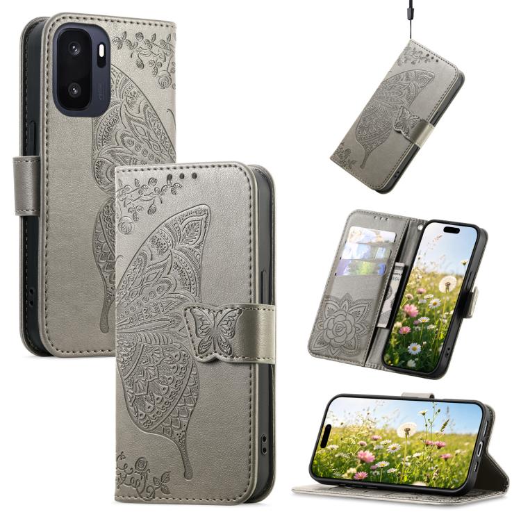 Gray embossed leather phone case with butterfly and flower pattern, wallet flip style