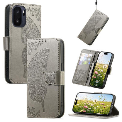 Gray embossed leather phone case with butterfly and flower pattern, wallet flip style