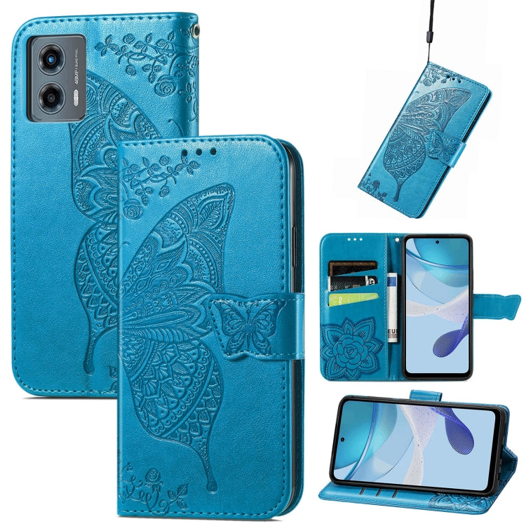 Blue embossed leather wallet phone case with butterfly-and-flower relief and card slots