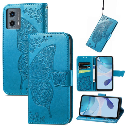Blue embossed leather wallet phone case with butterfly-and-flower relief and card slots