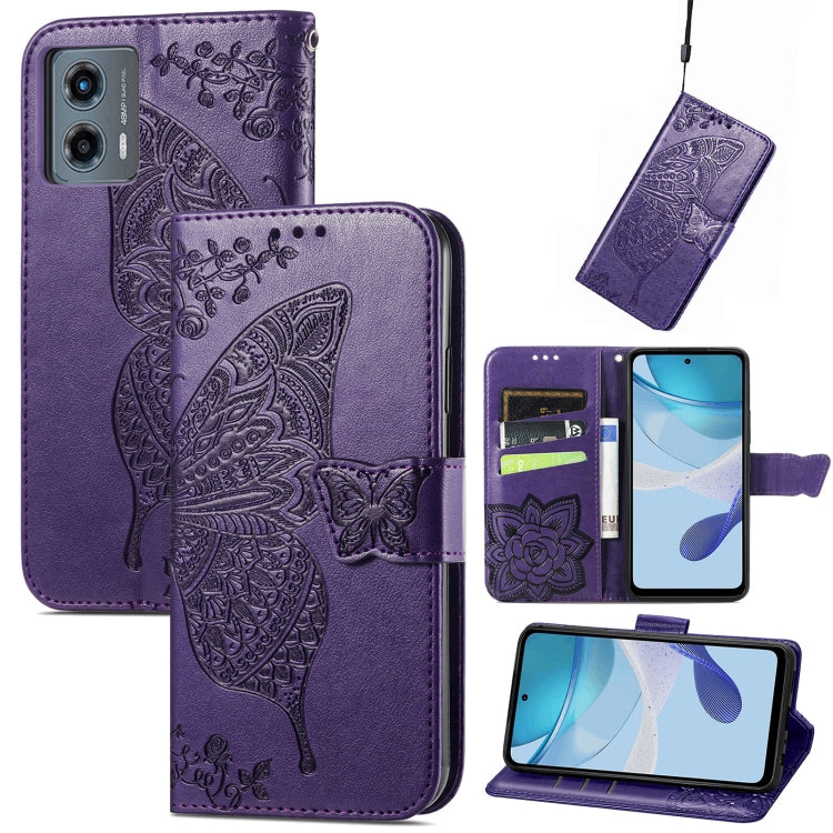 Purple embossed leather wallet phone case with butterfly-and-flower relief and magnetic strap