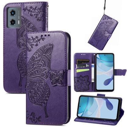 Purple embossed leather wallet phone case with butterfly-and-flower relief and magnetic strap