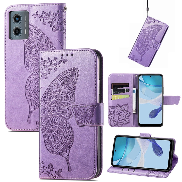 Light purple embossed leather flip phone case with butterfly-and-flower relief and clasp