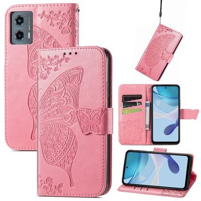 Pink embossed leather wallet phone case with butterfly-and-flower relief and card holder
