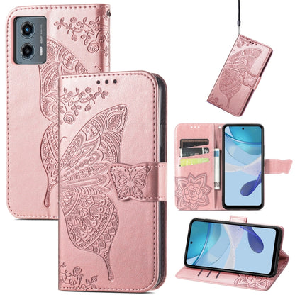Rose-pink embossed leather wallet phone case with butterfly-and-flower relief and clasp