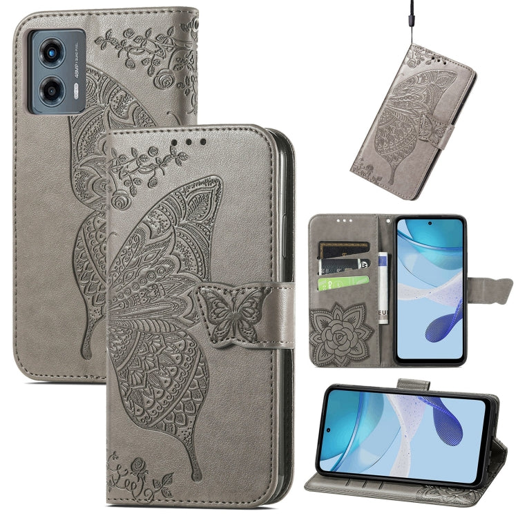 Gray embossed leather wallet phone case with butterfly-and-flower relief and card slots