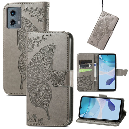 Gray embossed leather wallet phone case with butterfly-and-flower relief and card slots