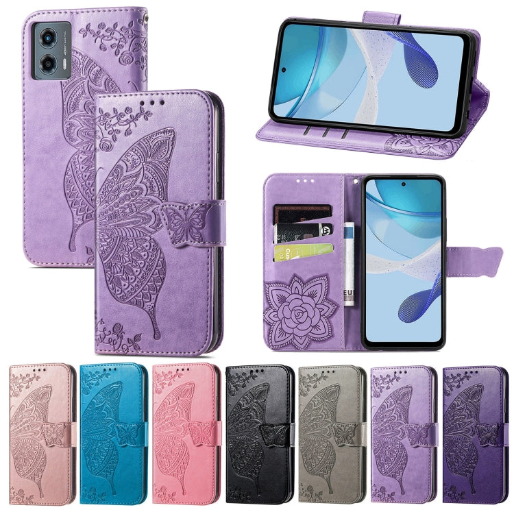 Purple embossed leather folio phone case with butterfly and flower pattern, magnetic strap