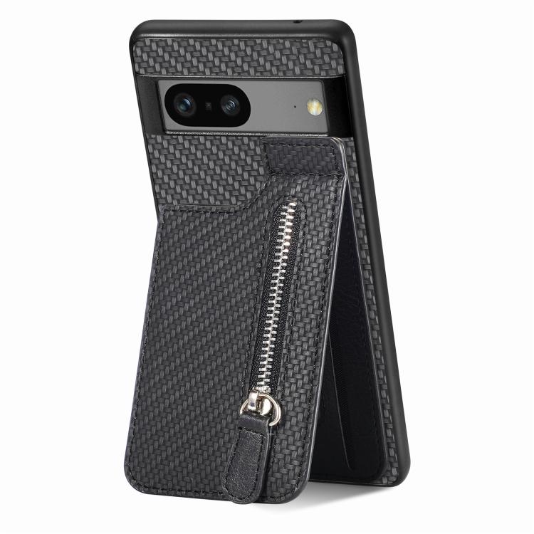 Dark gray carbon fiber style vertical flip phone case with front zipper pocket and pull tab