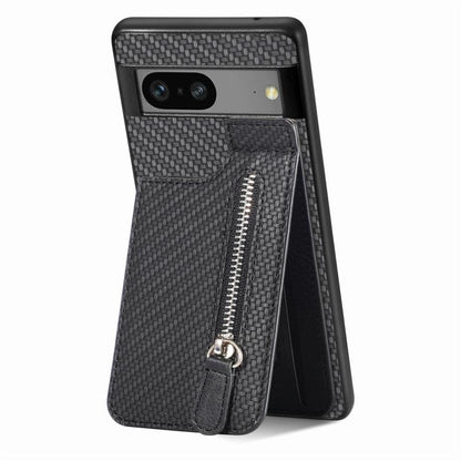 Dark gray carbon fiber style vertical flip phone case with front zipper pocket and pull tab