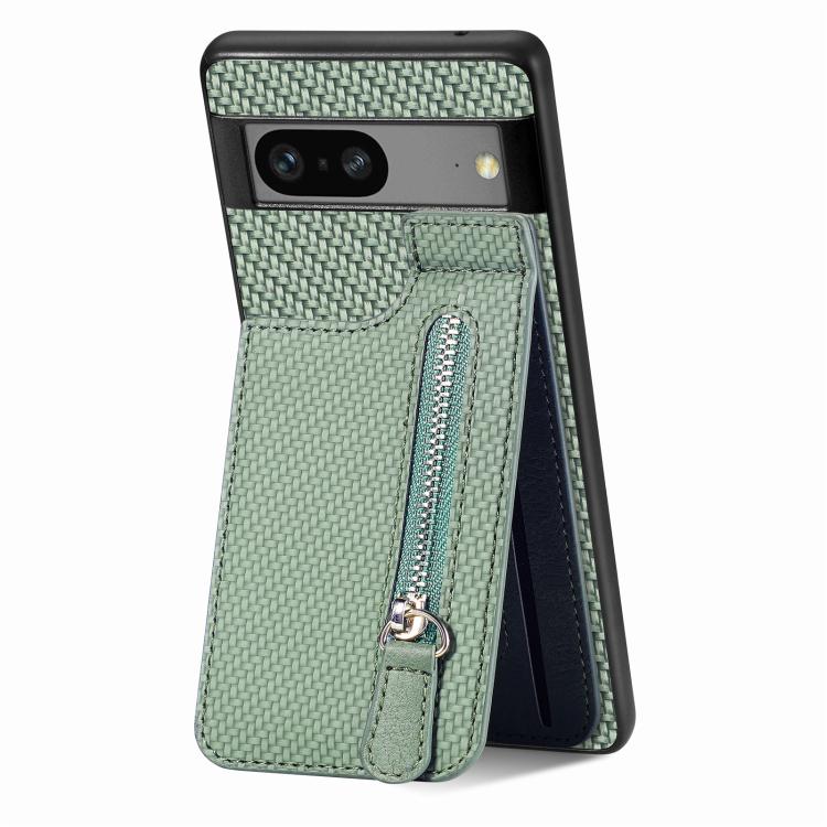 Green textured flip phone case with vertical zipper and card-holder flap