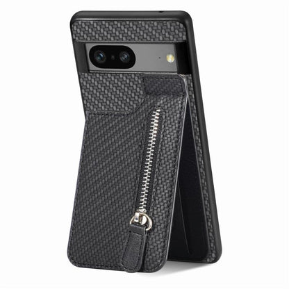 Black carbon fiber style vertical flip phone case with front zipper pocket and pull tab