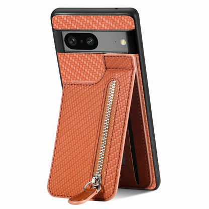 Orange carbon fiber style vertical flip phone case with front zipper pocket and pull tab