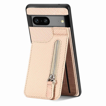 Beige carbon fiber style vertical flip phone case with front zipper pocket and pull tab
