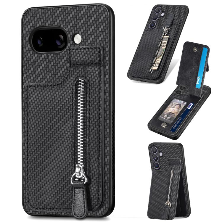 Black carbon fiber vertical flip zipper phone case set with zipper pocket and flip cover