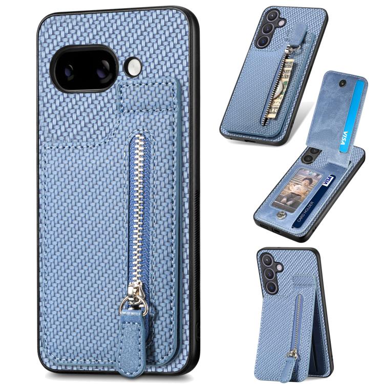 Blue phone case with carbon-fiber weave texture and vertical zipper on a flip cover