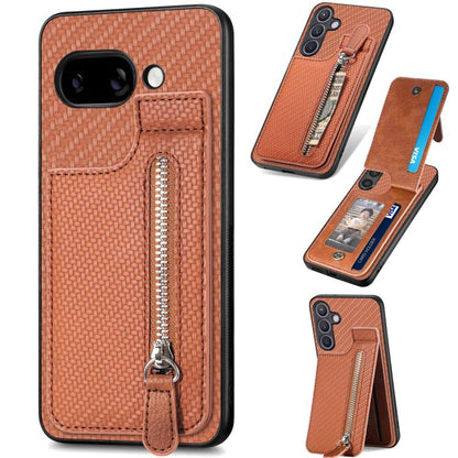 Brown phone case with woven carbon-fiber texture and vertical zipper on a flip cover