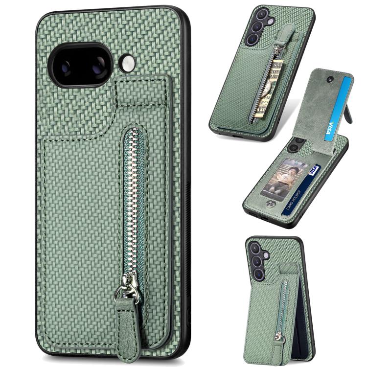 Green phone case with carbon-fiber weave texture and vertical zipper on a flip cover