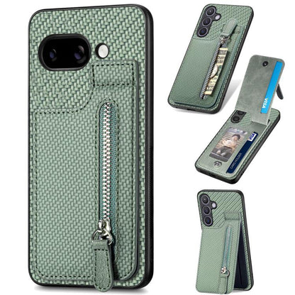 Green phone case with carbon-fiber weave texture and vertical zipper on a flip cover
