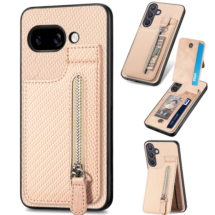 Beige phone case with woven carbon-fiber texture and vertical zipper on a flip cover