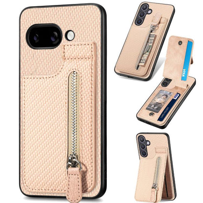 Beige phone case with woven carbon-fiber texture and vertical zipper on a flip cover