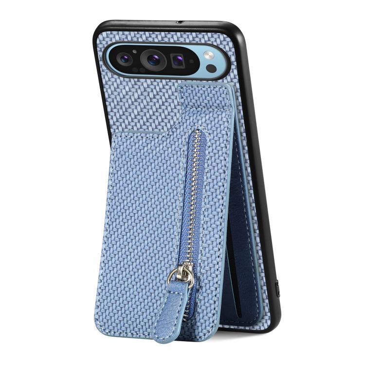 Blue carbon fiber style vertical flip phone case with front zipper pocket and pull tab