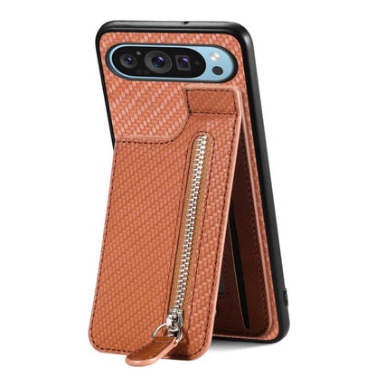Brown carbon fiber style vertical flip phone case with front zipper pocket and pull tab