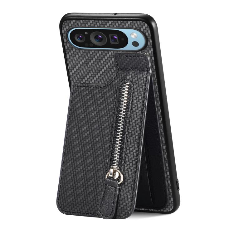 Black phone case with carbon-fiber weave texture and vertical zipper on a flip cover