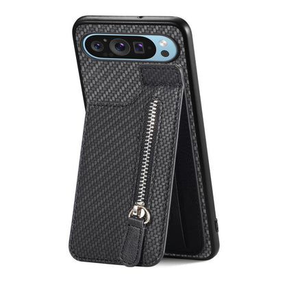 Black carbon fiber vertical flip zipper phone case with woven texture and metal zipper pull