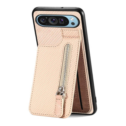 Khaki/beige carbon fiber vertical flip zipper phone case with woven texture and front zipper tab